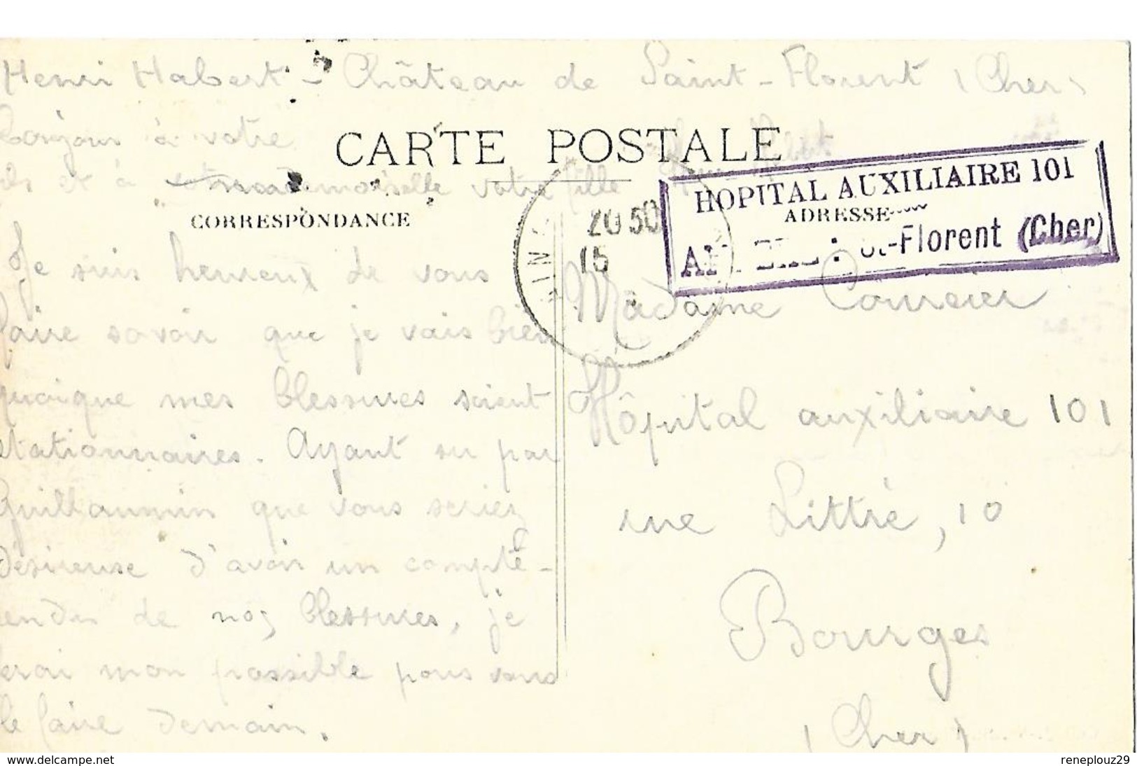 18- Cachet De L'Hôpital Aux. N°101 De Saint-Florent Sur CP - Oorlog 1914-18