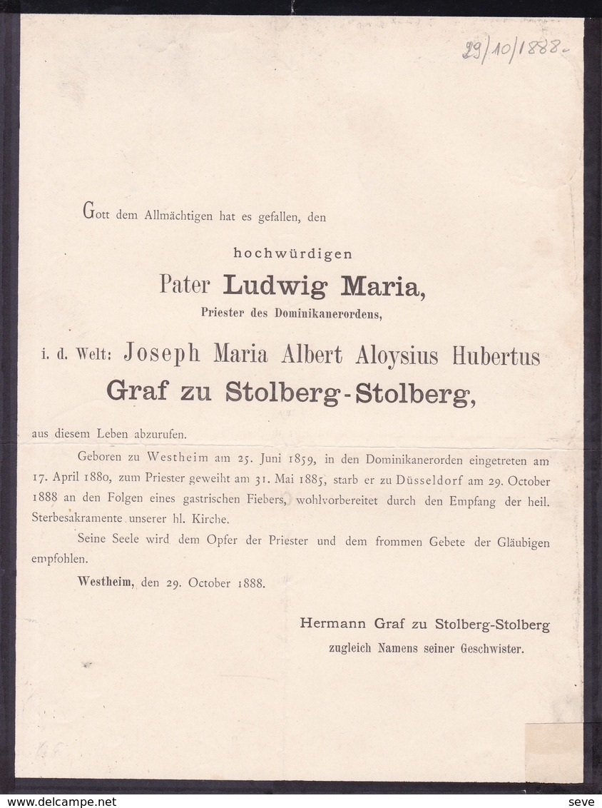 WESTHEIM DUSSELDORF Pater Ludwig Joseph Graf Zu STOLBERG-STOLBERG 1859-1888 Prêtre Dominicain - Todesanzeige