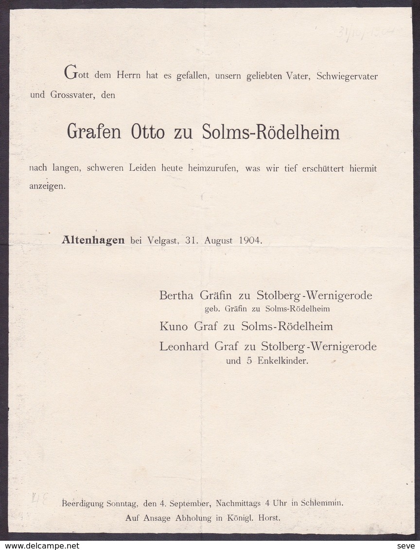 ALTENHAGEN Graffen Otto Zu SOLMS-RODELHEIM 1904 Faire-part A4 Famille Zu STOLBERG - Todesanzeige
