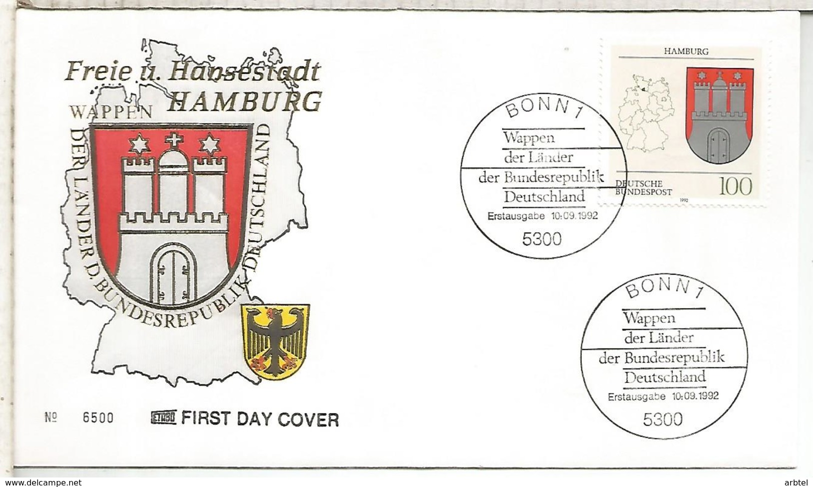 ALEMANIA FDC 1992 ESCUDO HAMBURG ARM - Sobres