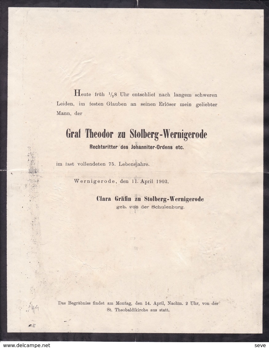 WERNIGERODE Graf Theodor Zu STOLBERG-WERNIGERODE 75 Ans 1902 Famille Von Der SCHULENBURG Format A4 - Todesanzeige