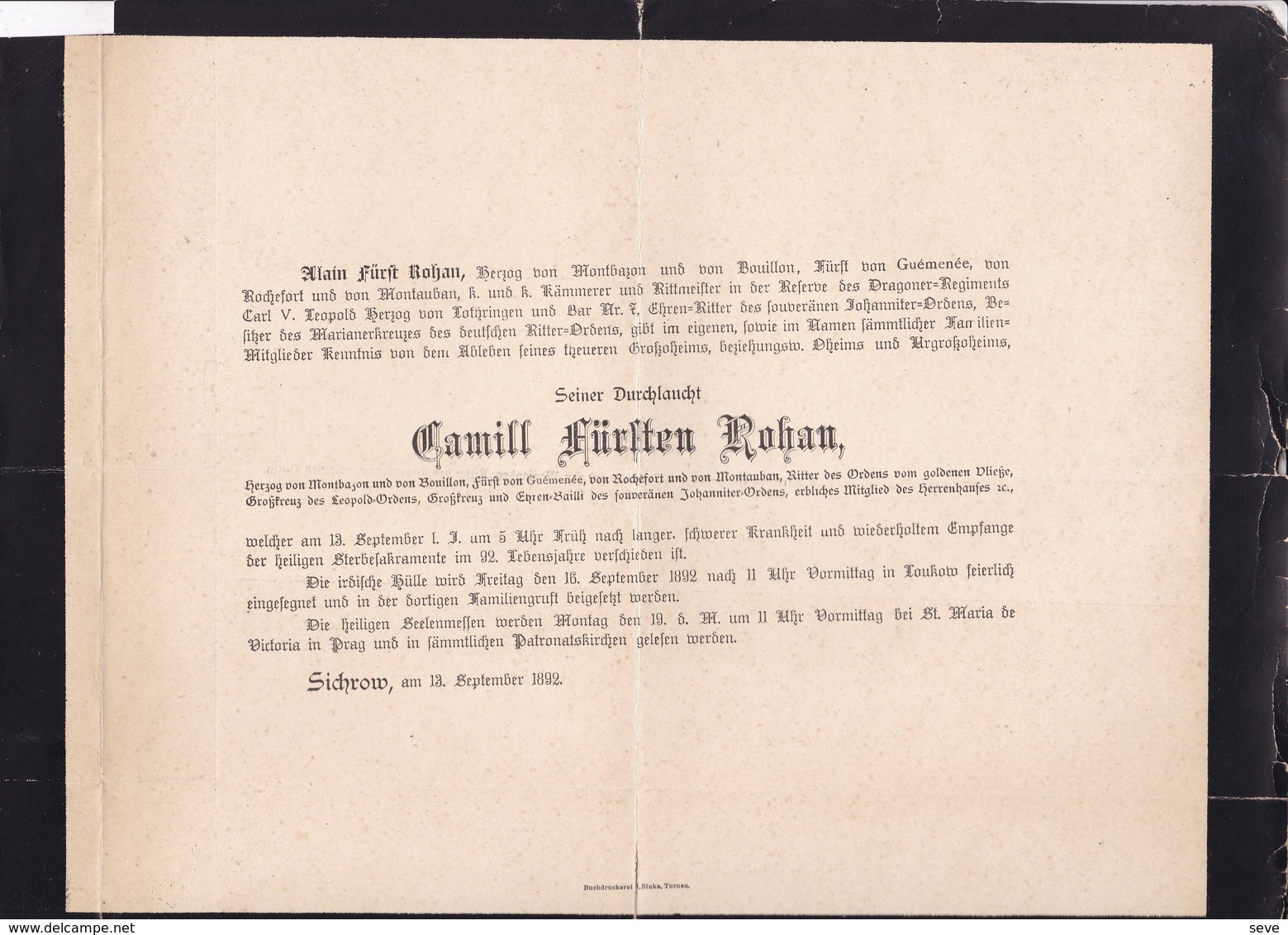 SICHROW 1892 Camill Fürthen ROHAN  Herzog MONBAJON BOUILLON ROCHEFORT GUEMENEE 92 Ans émigrés Français Allemagne - Todesanzeige