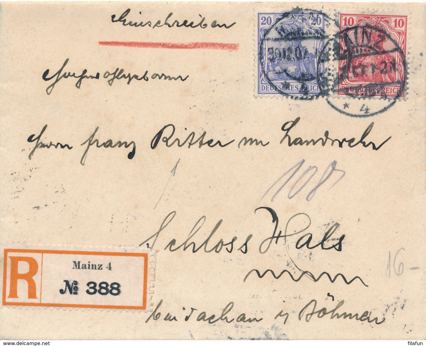 Deutschland - 1907 - 10 & 20Pf Germania On R-cover From Mainz To Böhmen - Brieven En Documenten