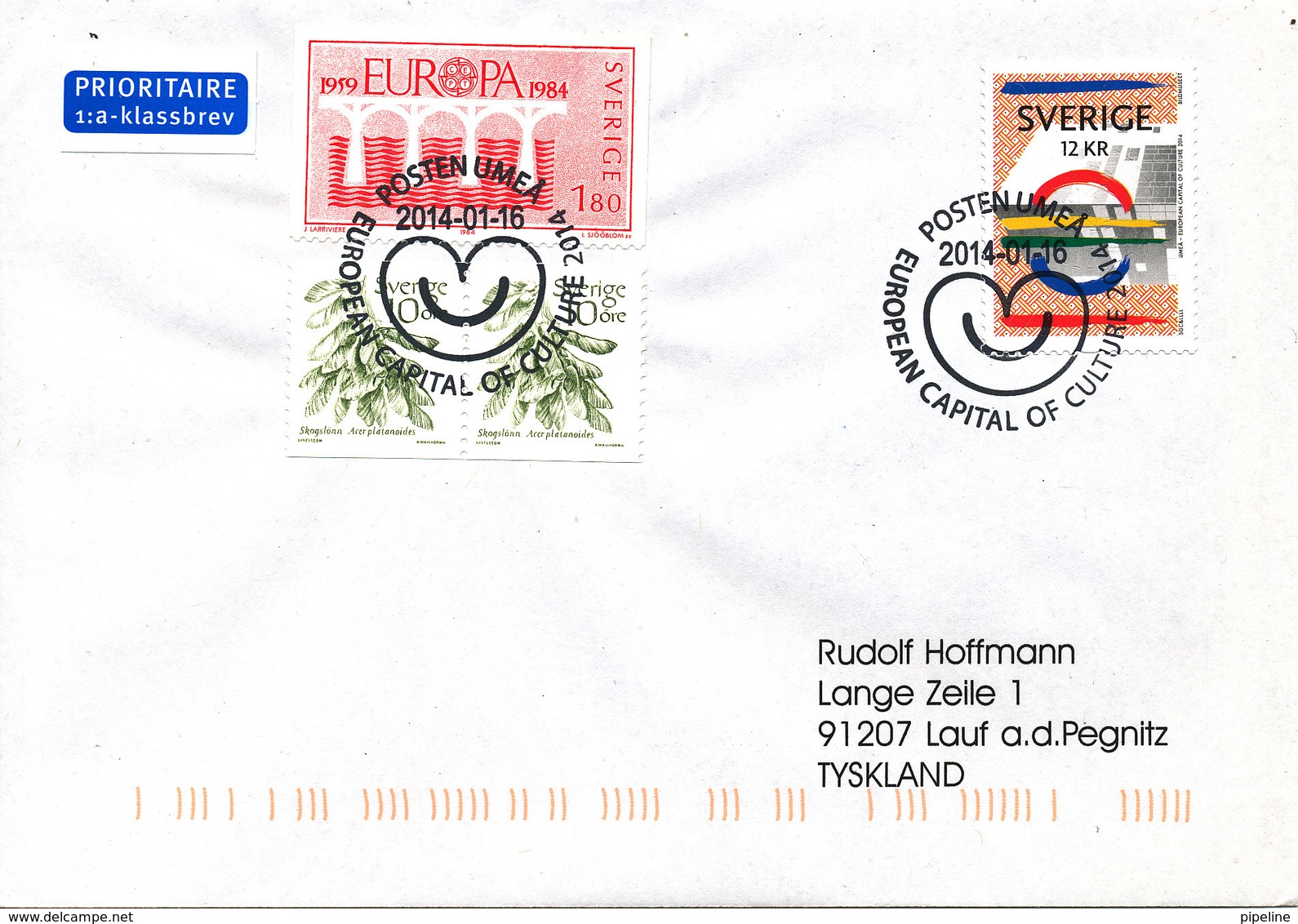 Sweden Cover With Special Postmark Umea European Capital Of Culture 2014 16-1-2014 Sent To Germany - Storia Postale