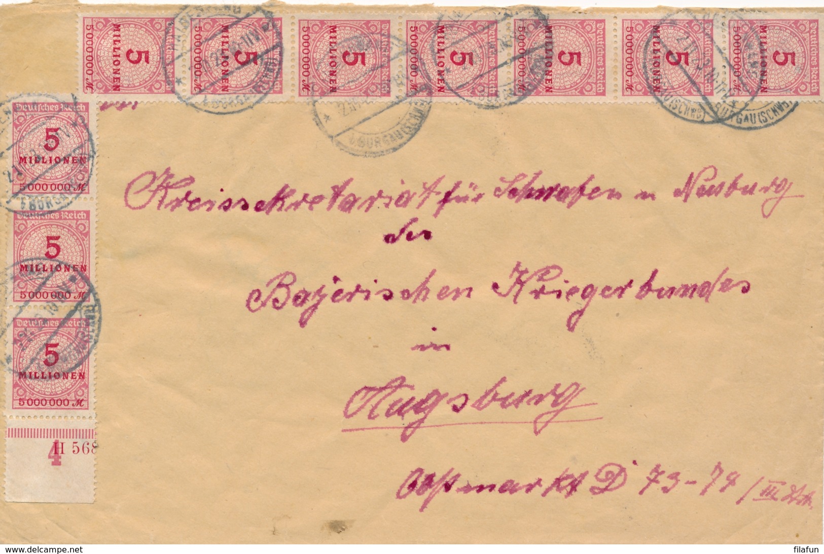 Deutsches Reich - 1923 - 20x 5Mio On Cover From Haldenwang To Augsburg - Briefe U. Dokumente