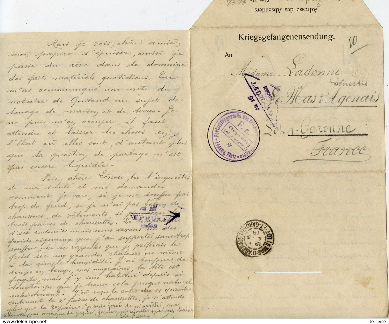 WW1 CAMP DE PRISONNIERS DE LANDAU 1917/18 LOT DOCUMENTS KRIEGSGEFANGENENSENDUNG PRISONNIER A SA FAMILLE LE MAS D'AGENAIS - Documenti