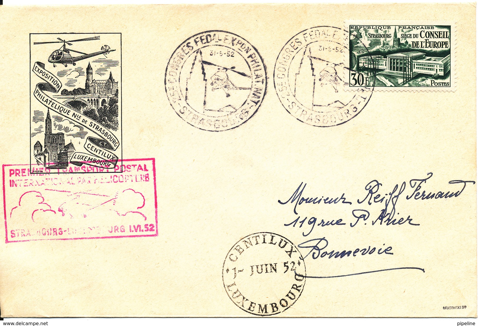 France Cover First Helicopter Flight 1952 Strassbourg - Luxembourg 1-6-1952 - Covers & Documents