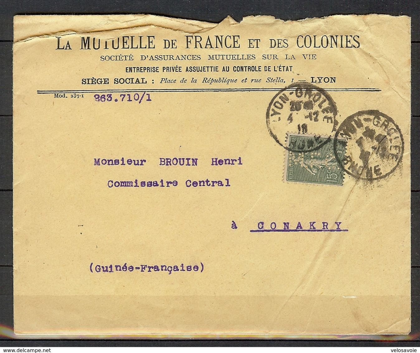 N° 130 SEMEUSE PERFOREE MFC MUTUELLE DE FRANCE ET DES COLONIES SUR LETTRE DE LYON - Andere & Zonder Classificatie