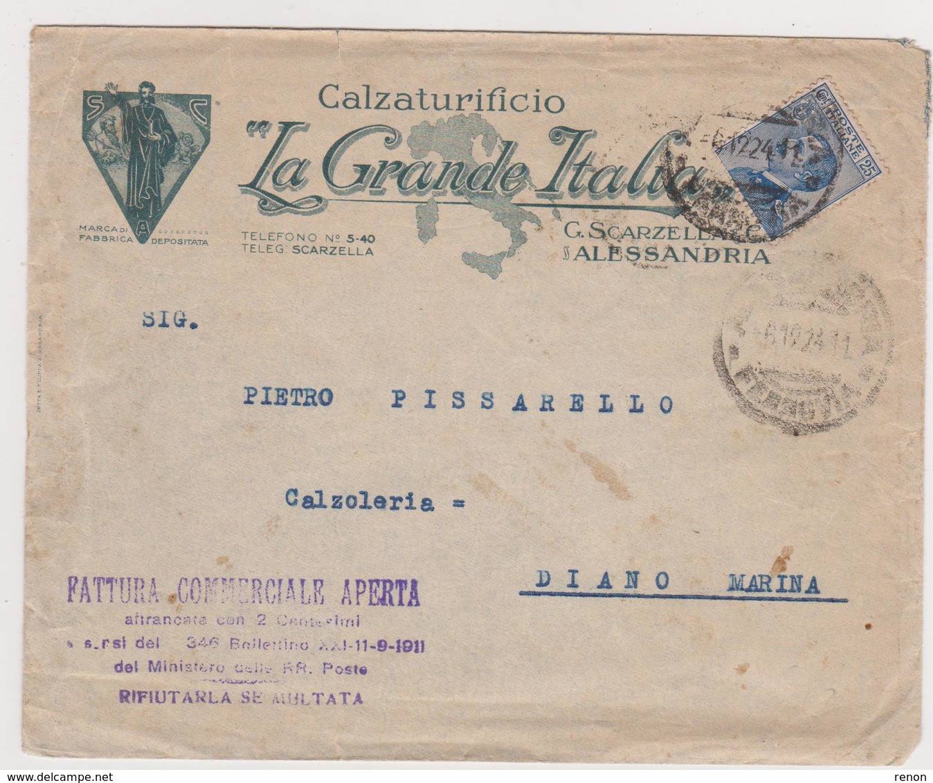 Calzaturificio  La Grande Italia  Alessandria Vecchia  Busta   1924 - Italy