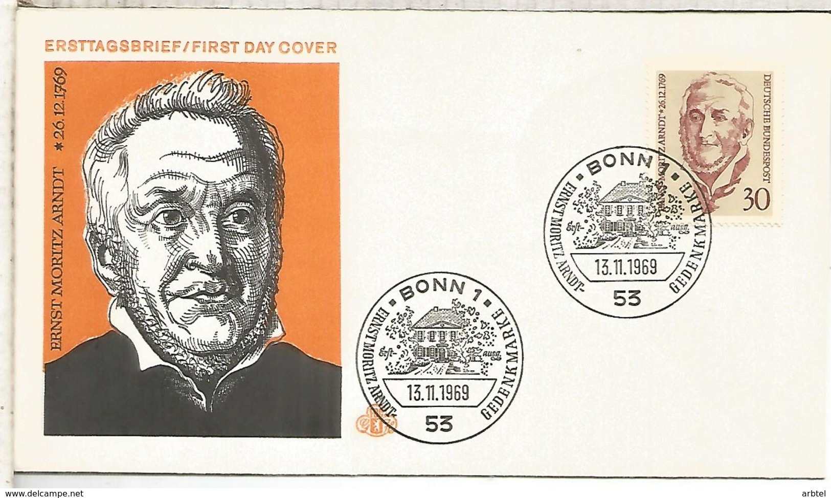 ALEMANIA FDC 1969 ERNST MORITZ ARNDT LITERATURA ESCRITOR - Escritores