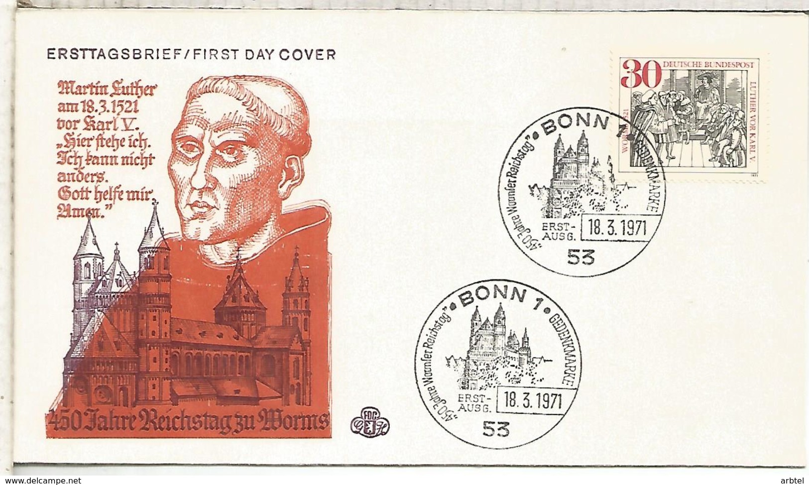 ALEMANIA FDC 1971 LUTERO LUTHER RELIGION REFORMA - Cristianismo