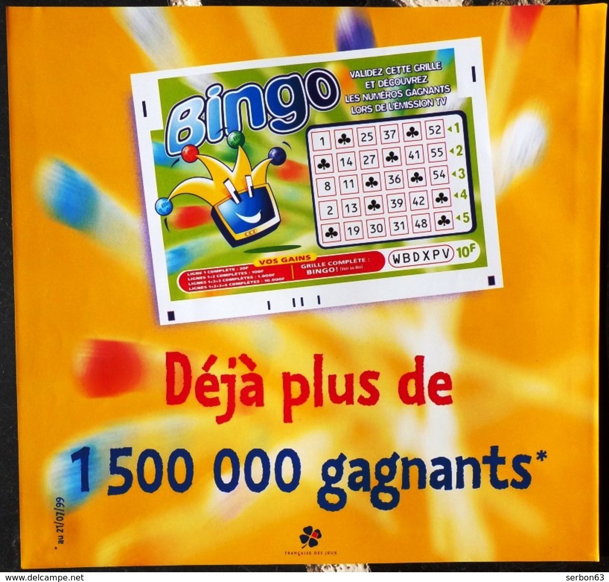 FDJ F.D.J. Fd FRANÇAISE DES JEUX PUBLICITÉ PLV BINGO SUR PAPIER VERNISSE POUR VITRINE MAGASIN 30x28,5cm SITE Serbon63 - Publicités