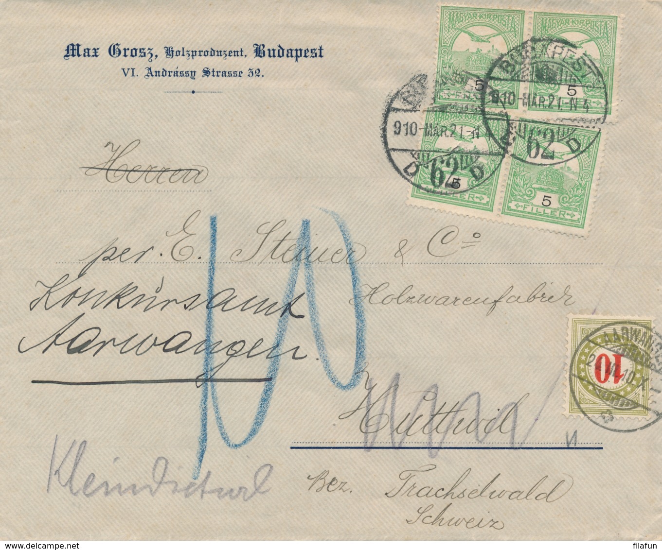 Schweiz - 1910 - 10c Postage Due On Incoming Cover From Budapest - Strafportzegels