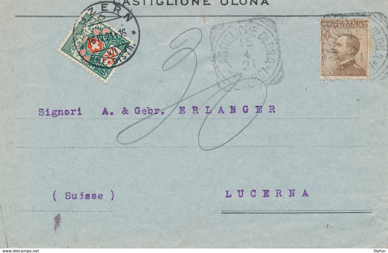 Schweiz - 1921 - 30c Postage Due On Incoming Cover From Castiglione Olonea /Italy - Strafportzegels
