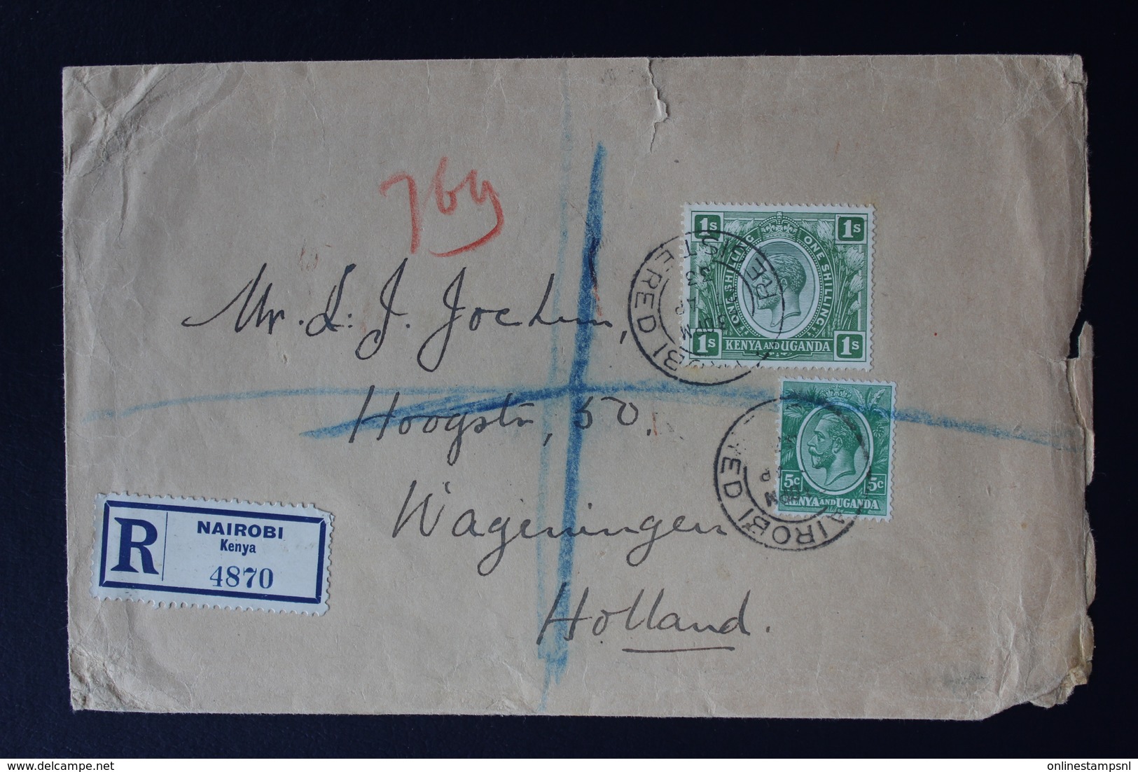 KENYA & UGANDA : REGISTERED COVER NAIROBI TO WAGENINGEN HOLLAND  27-4-1933 SG 78 + 87 - Kenya & Oeganda