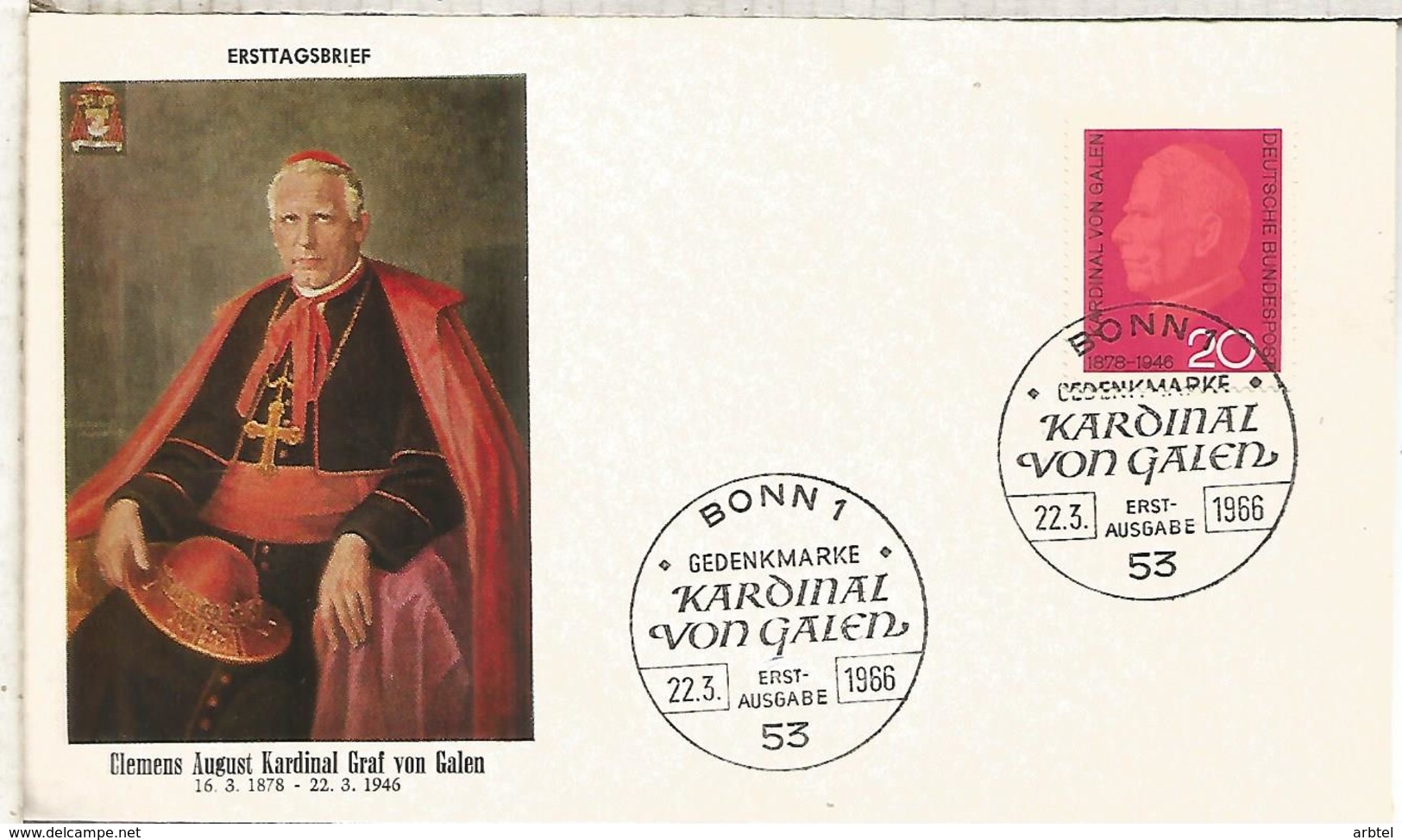 ALEMANIA FDC BERLIN 1966 CARDENAL VON GALEN RELIGION - Cristianismo