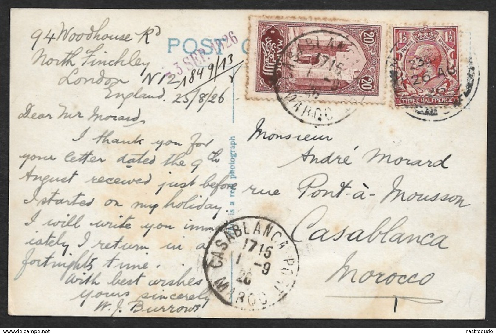 1926 PPC GB - MOROCCO Mixed Franking - To CASABLANCA 26.8.- Reduction Of B.P.O Delivery Service - Affranchissement Mixte - Lettres & Documents