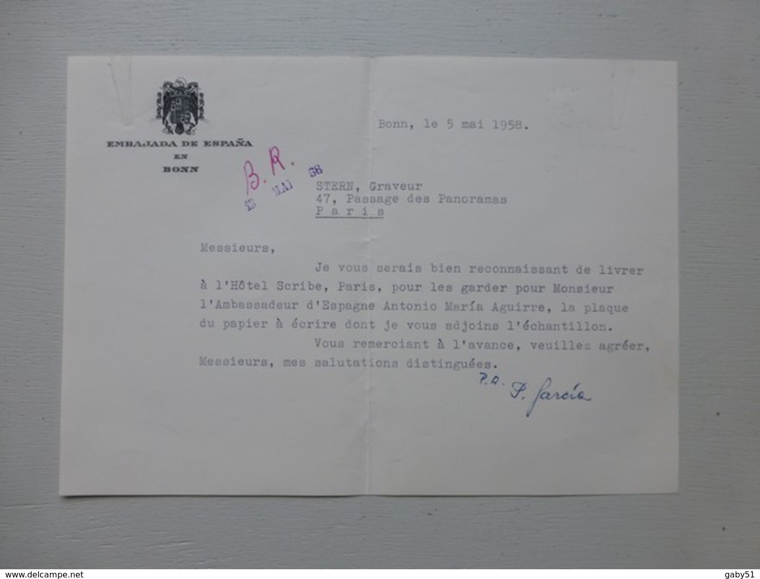 BONN, Ambassade D'ESPAGNE 1958, Lettre Avec Autographe, Plaque Gravée Ambassade  Ref572; PAP06 - Documents Historiques