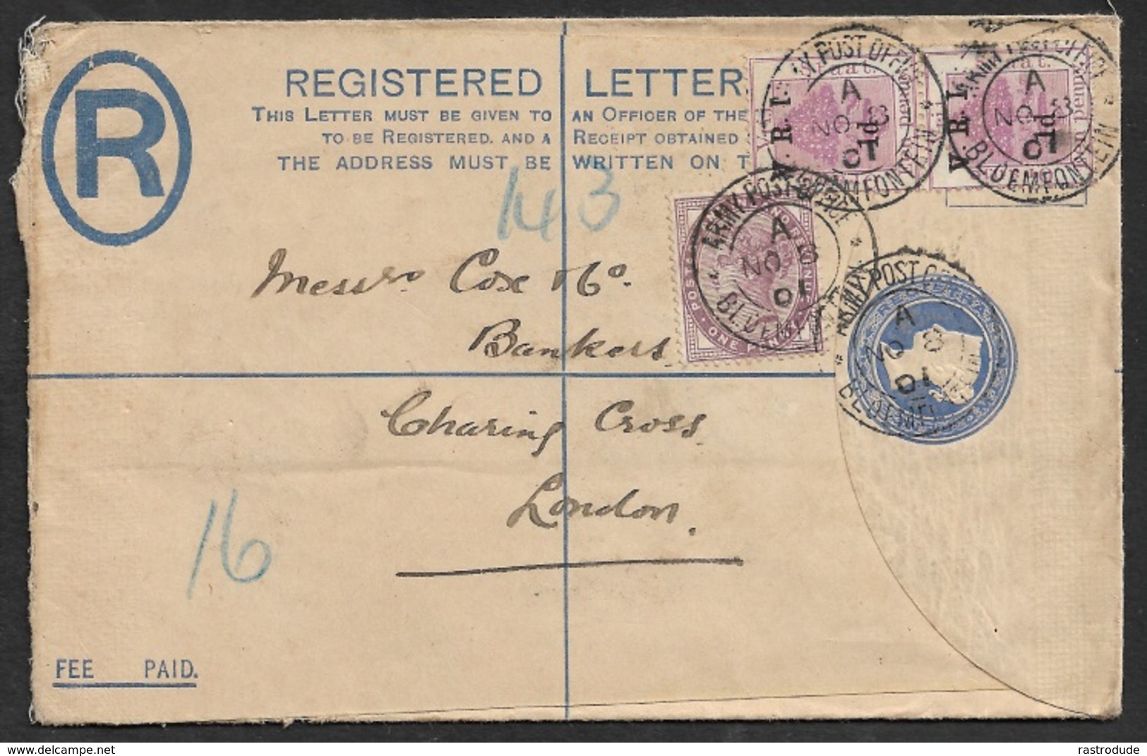 1901 - BOER WAR - Registered Stationery A.P.O MIXED FRANKING GB Victoria - ORANGE FREE STATE BLOEMFONTEIN. - Estado Libre De Orange (1868-1909)