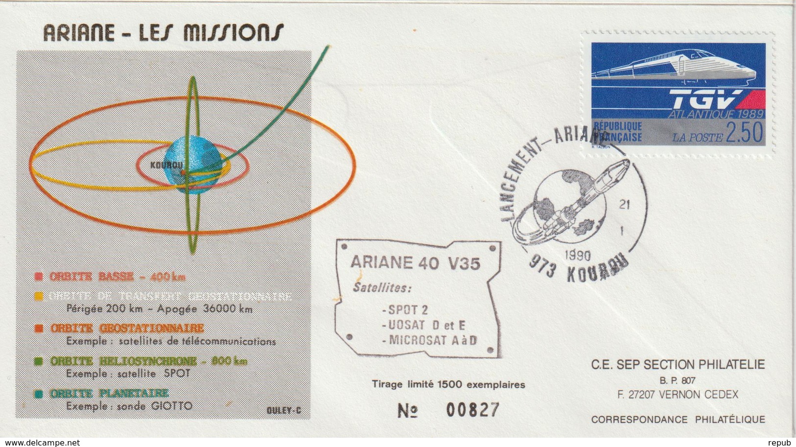 France Kourou 1990 Lancement Ariane Vol 35 - Cachets Commémoratifs