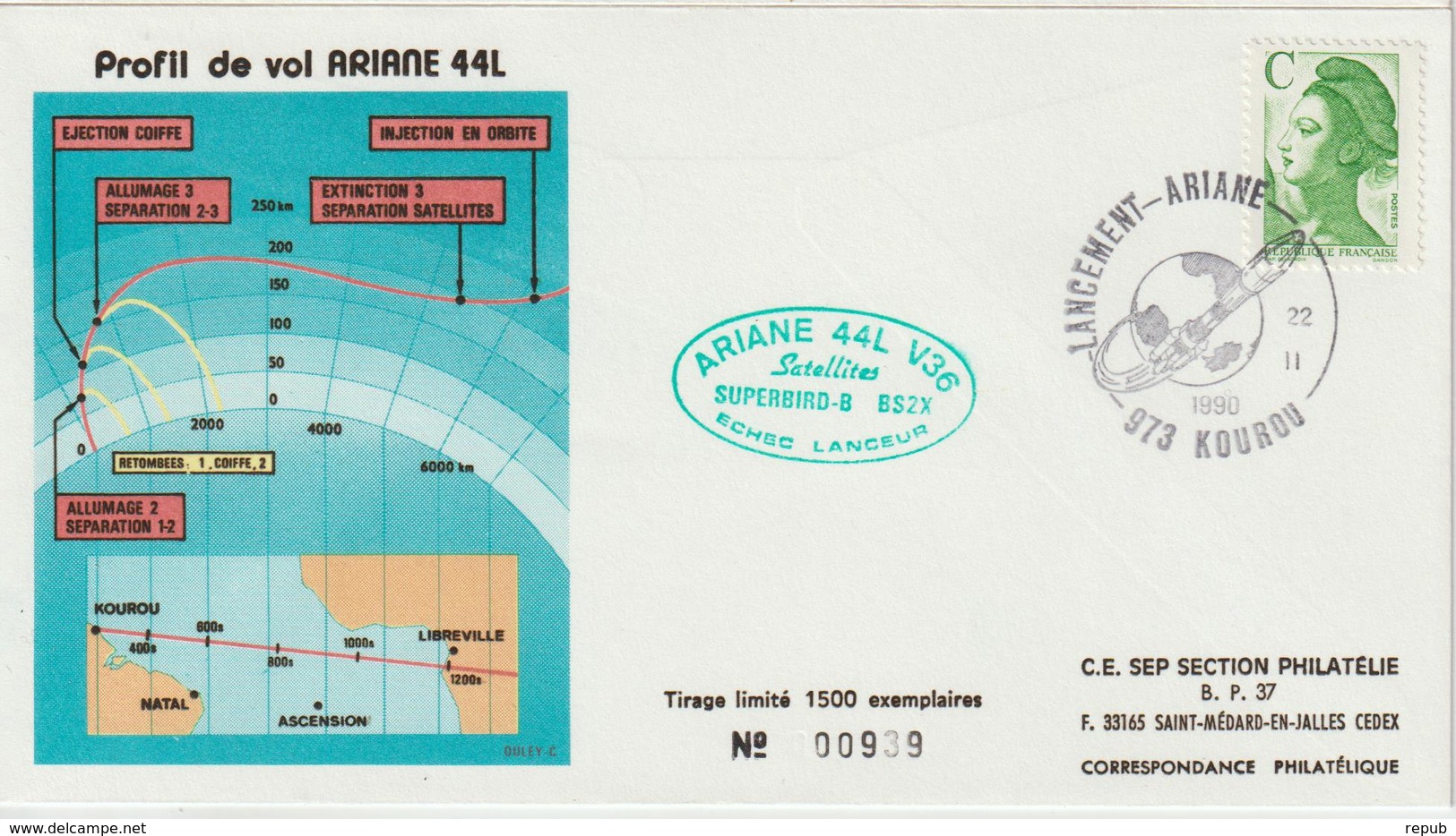 France Kourou 1990 Lancement Ariane Vol 36 - Cachets Commémoratifs