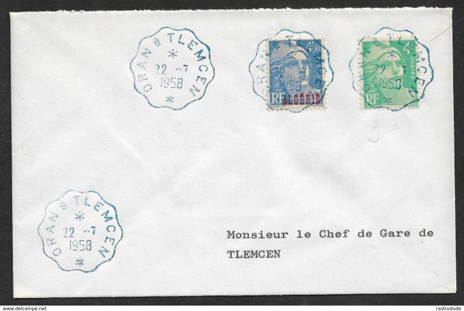 1958 FRANCE - ALGERIE Affranchissement Mixte. C.à.d Convoyeur Bleu ORAN A TLEMCEN 22.7.1958 - Briefe U. Dokumente