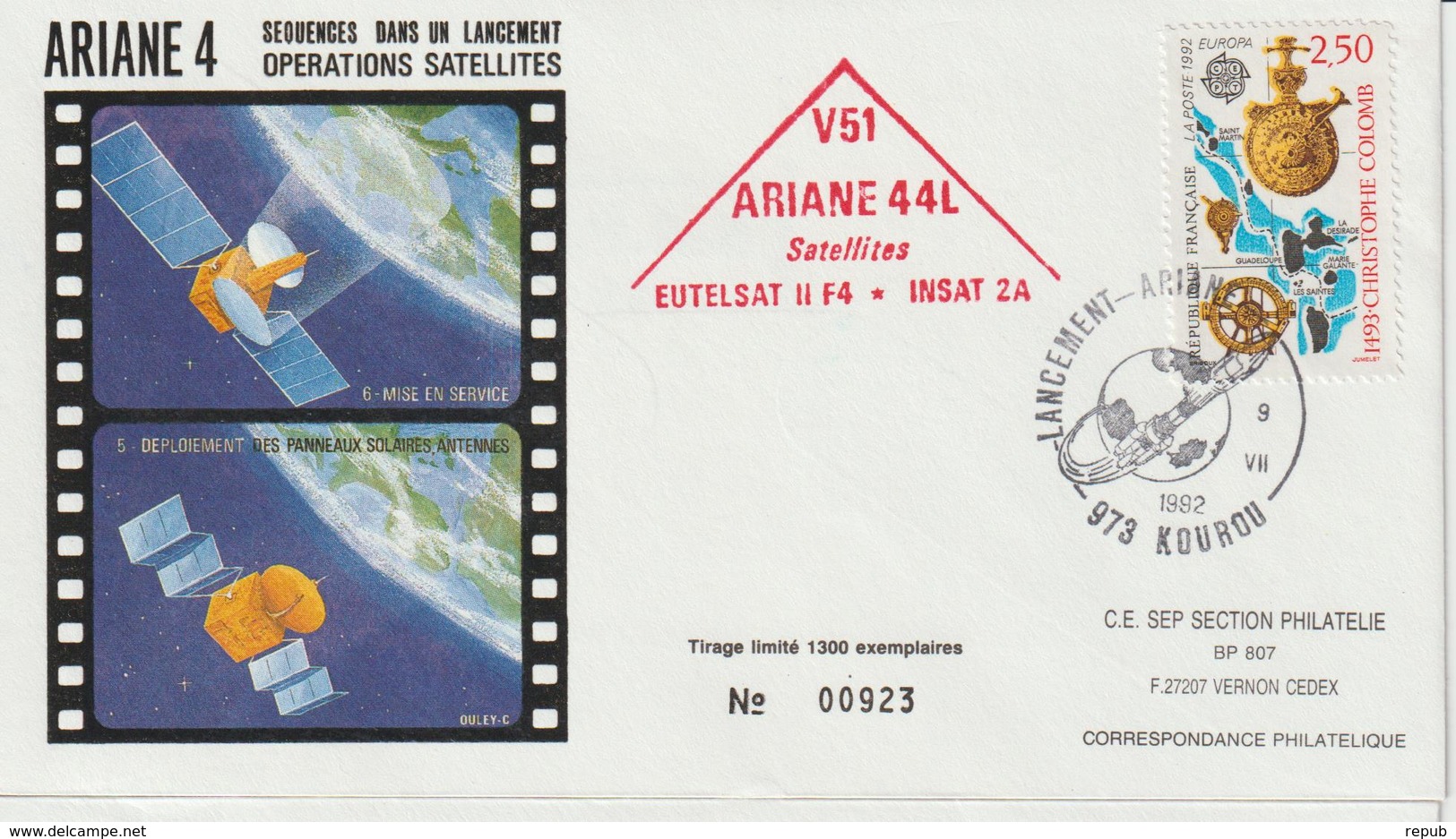 France Kourou 1992 Lancement Ariane Vol 51 - Cachets Commémoratifs