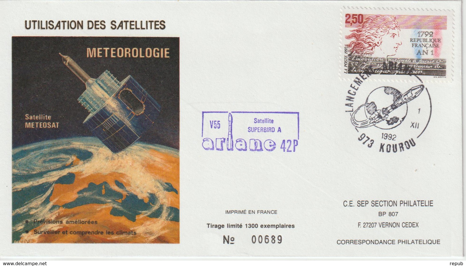 France Kourou 1992 Lancement Ariane Vol 55 - Bolli Commemorativi