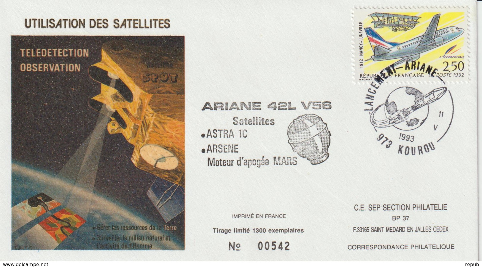 France Kourou 1993 Lancement Ariane Vol 56 - Gedenkstempel