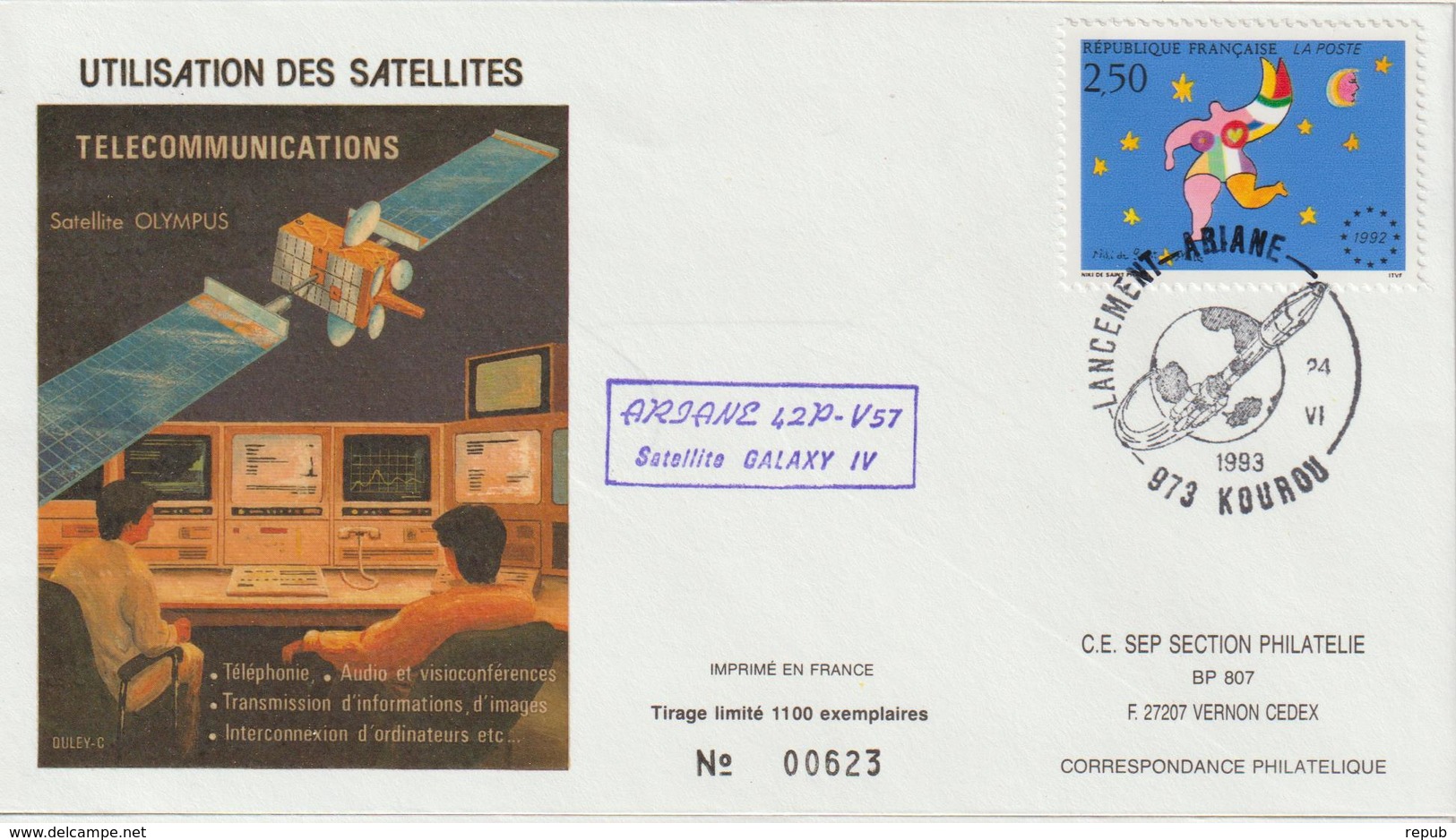 France Kourou 1993 Lancement Ariane Vol 57 - Cachets Commémoratifs