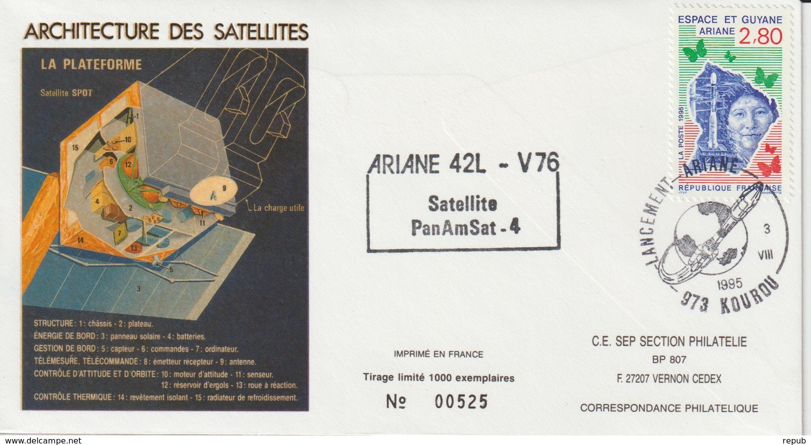 France Kourou 1995 Lancement Ariane Vol 76 - Cachets Commémoratifs
