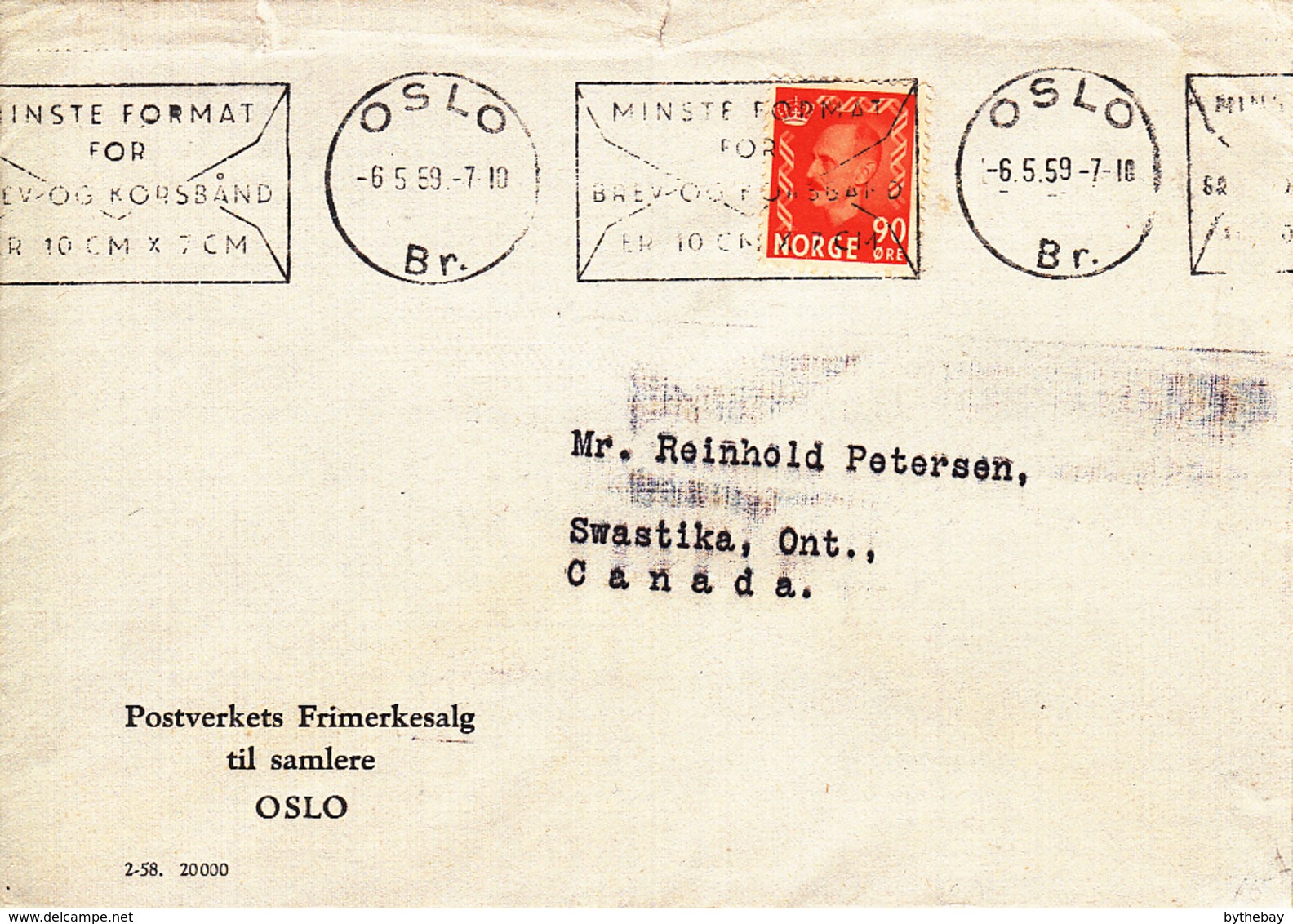 Norway 1959 Cover To Canada Oslo 6 5 59 Single Franking Ministe Format Slogan Cancel - Lettres & Documents
