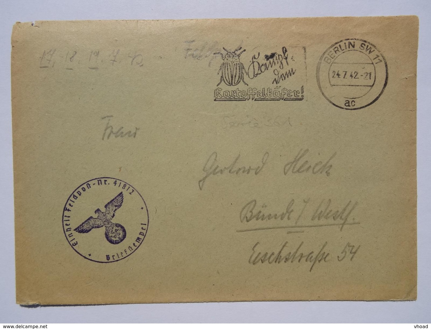 1942 DR Brief Feldpost Freistempel "Kampf Dem Kartoffelkäfer!" - Briefe U. Dokumente