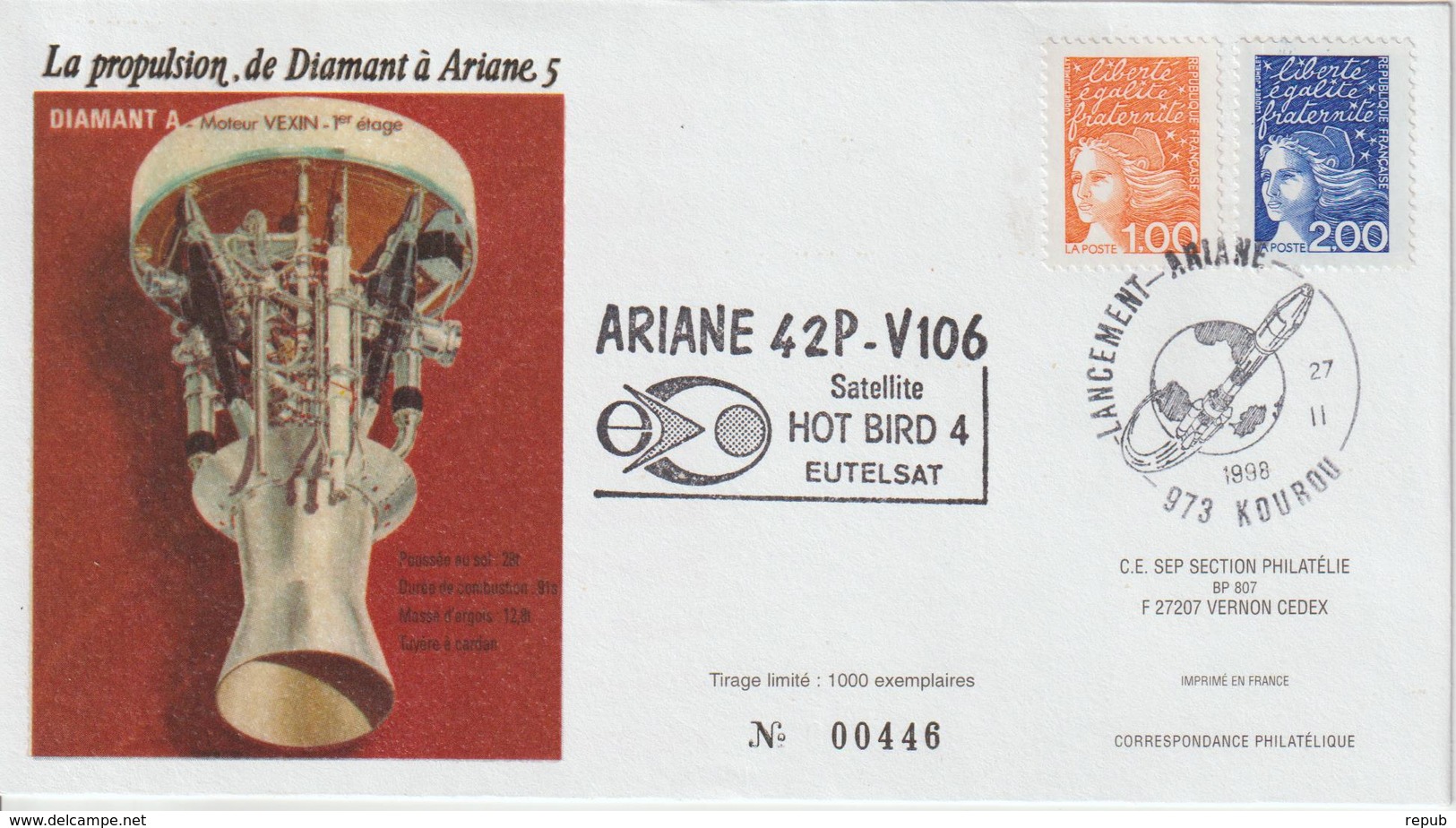 France Kourou 1998 Lancement Ariane Vol 106 - Commemorative Postmarks