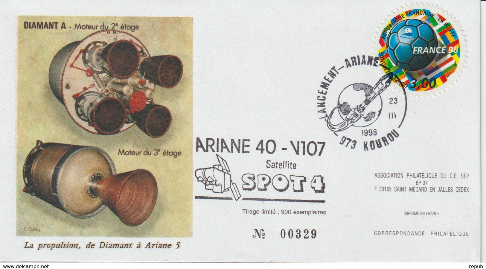 France Kourou 1998 Lancement Ariane Vol 107 - Gedenkstempel