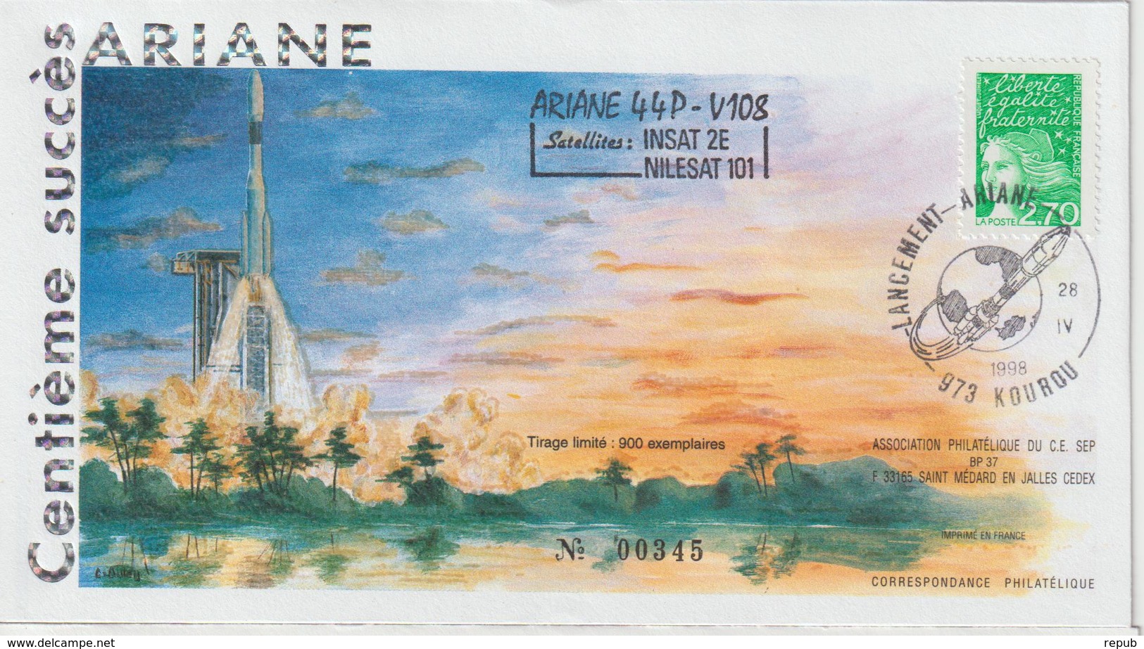 France Kourou 1998 Lancement Ariane Vol 108 - Commemorative Postmarks