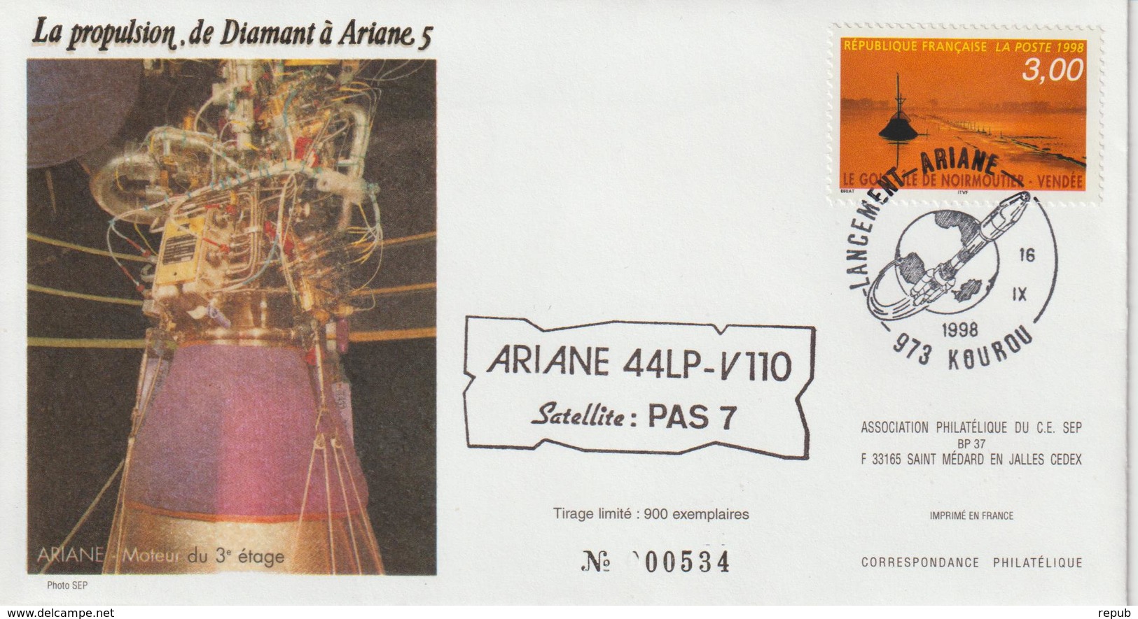 France Kourou 1998 Lancement Ariane Vol 110 - Commemorative Postmarks