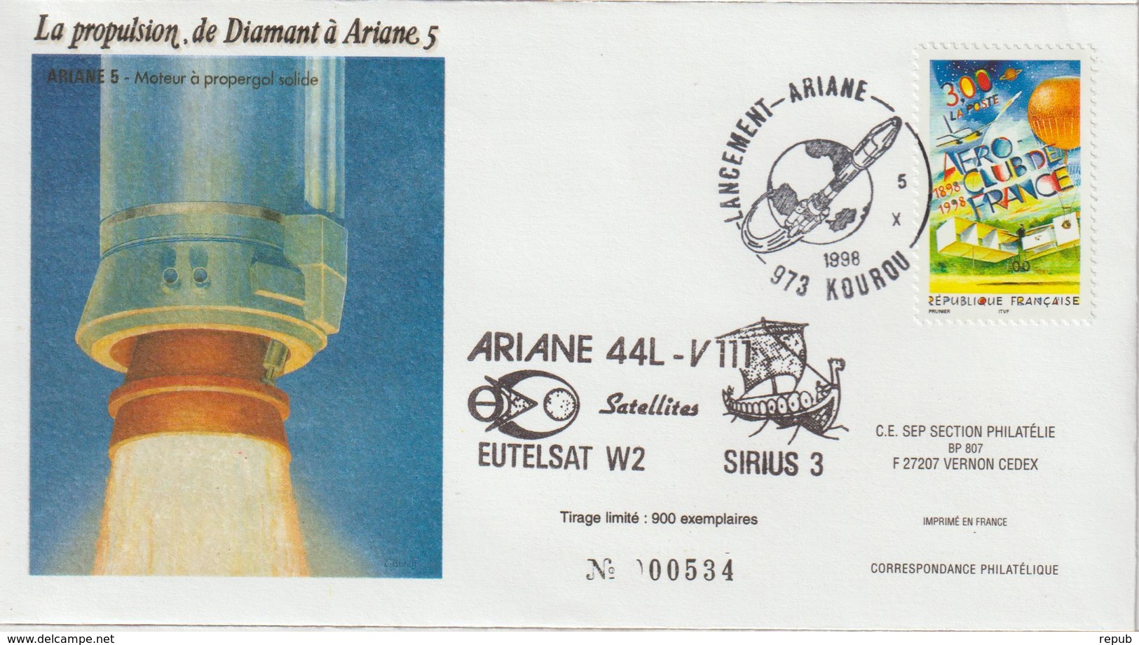France Kourou 1998 Lancement Ariane Vol 111 - Gedenkstempels