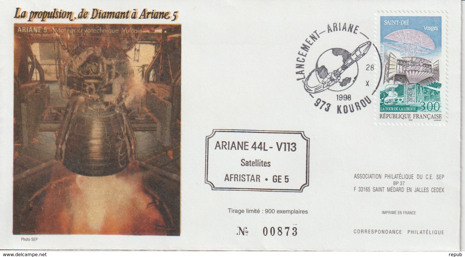 France Kourou 1998 Lancement Ariane Vol 113 - Cachets Commémoratifs