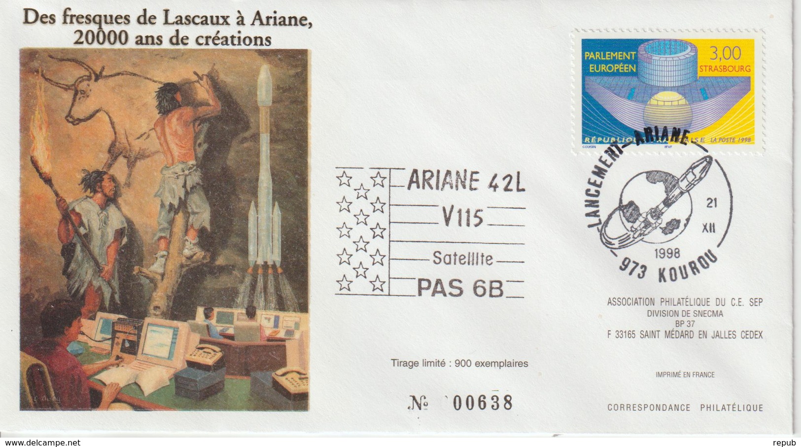 France Kourou 1998 Lancement Ariane Vol 115 - Cachets Commémoratifs