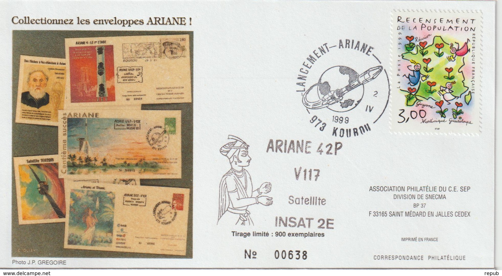 France Kourou 1999 Lancement Ariane Vol 117 - Cachets Commémoratifs