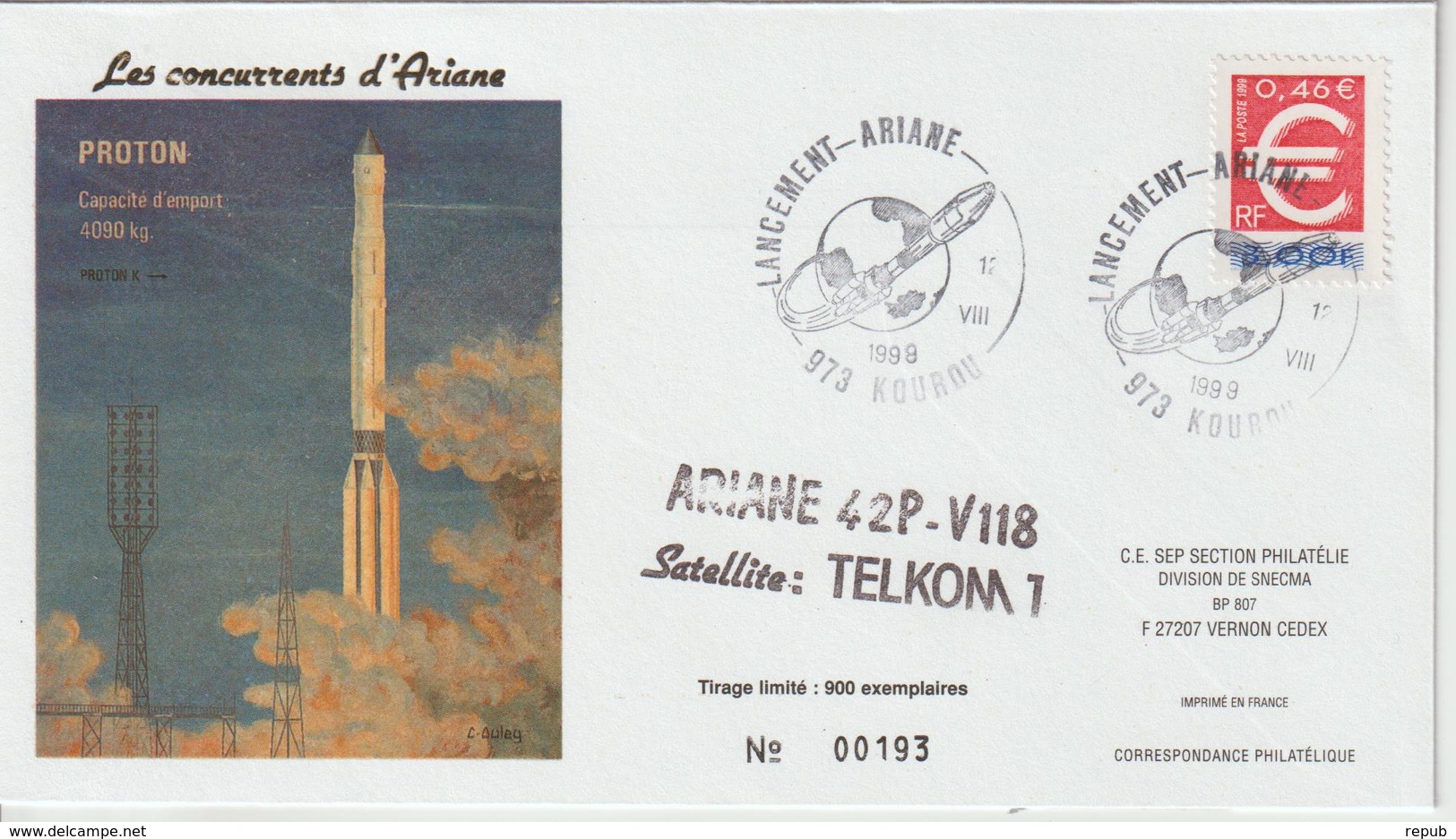France Kourou 1999 Lancement Ariane Vol 118 - Cachets Commémoratifs