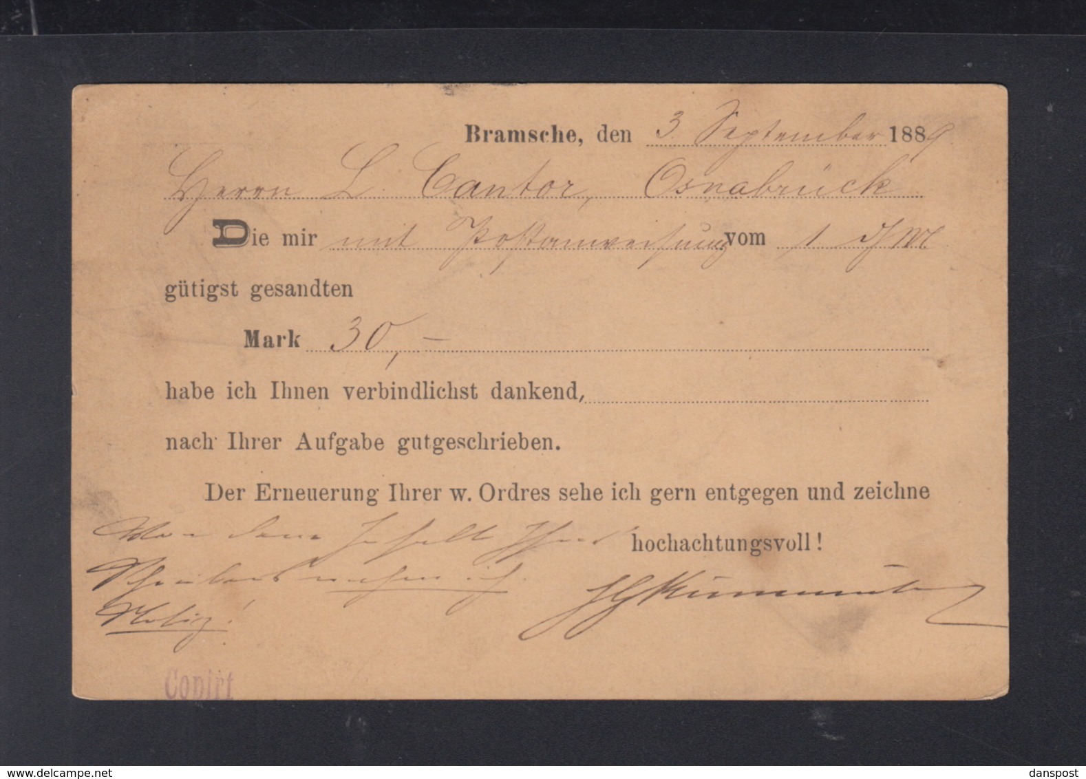 Dt. Reich GSK 1889 Bramsche Vorduck - Briefe U. Dokumente