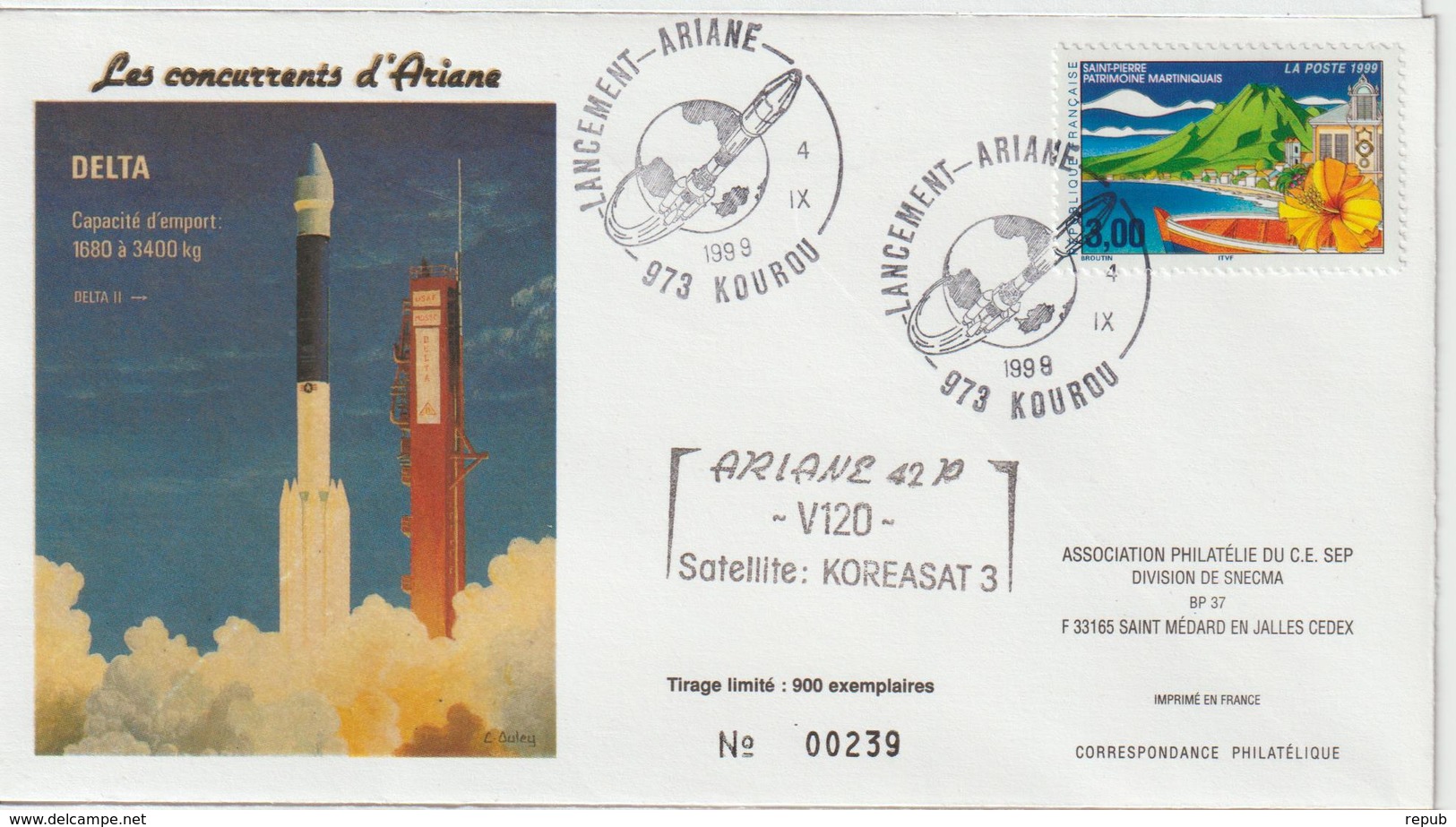 France Kourou 1999 Lancement Ariane Vol 120 - Matasellos Conmemorativos