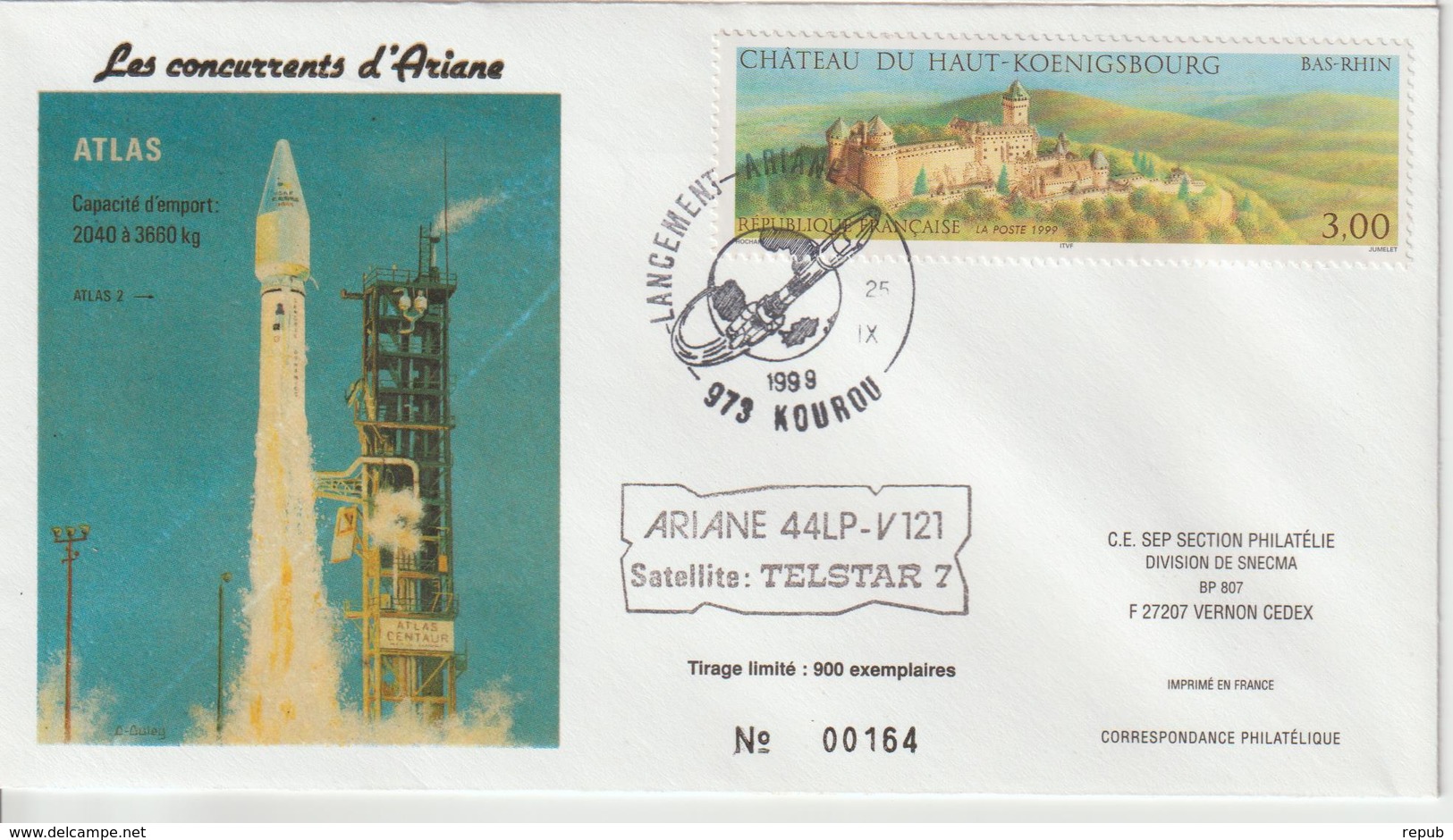 France Kourou 1999 Lancement Ariane Vol 121 - Cachets Commémoratifs