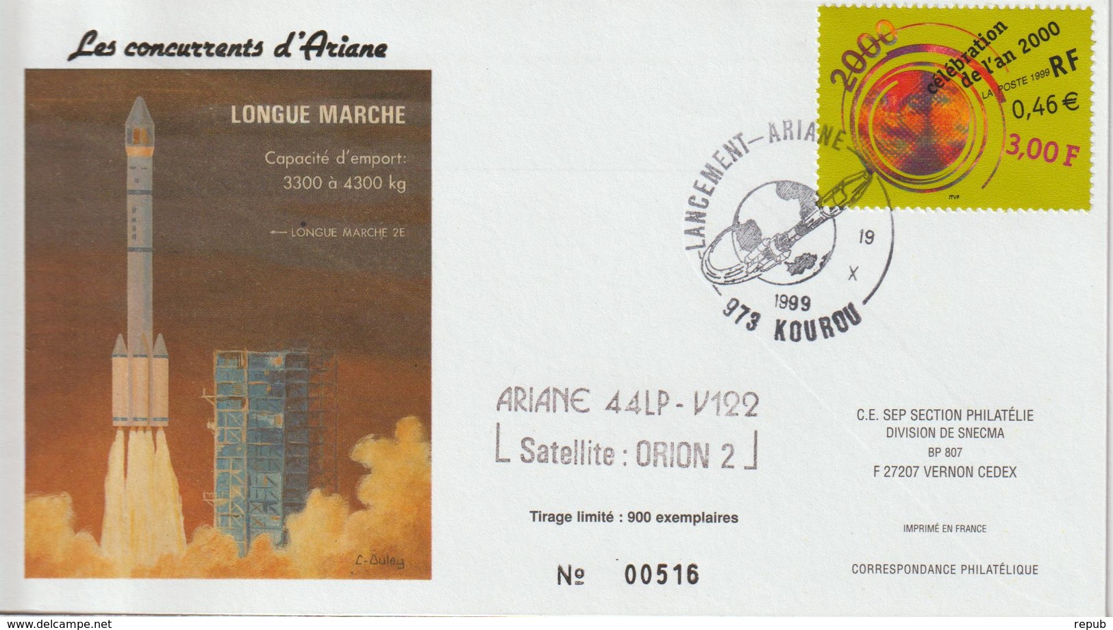 France Kourou 1999 Lancement Ariane Vol 122 - Cachets Commémoratifs