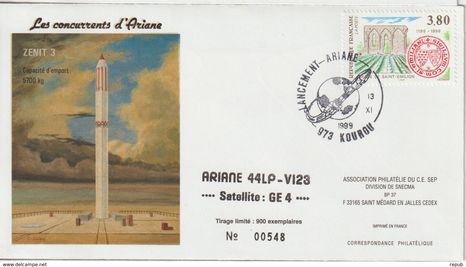 France Kourou 1999 Lancement Ariane Vol 123 - Gedenkstempels