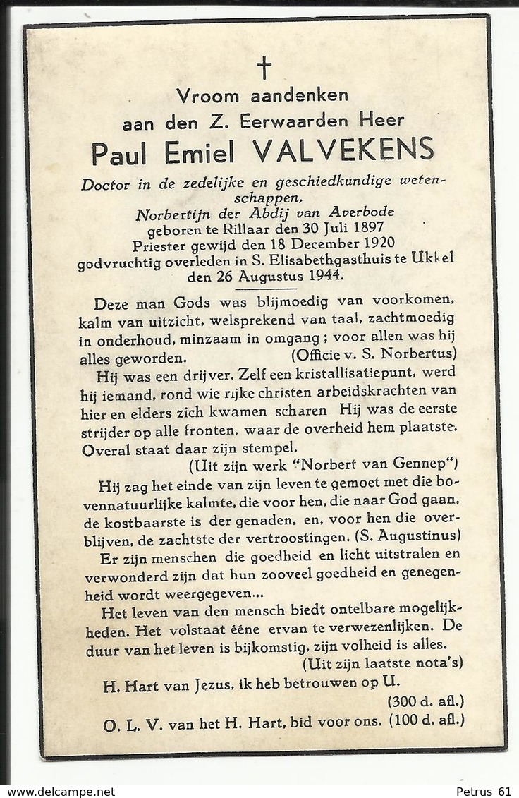 DP - Z. Eerwaarden Heer Paul Emiel VALVEKENS Norbertijn Der Abdij Van Averbode Rillaar 1897 - Ukkel 1944. - Religion & Esotérisme