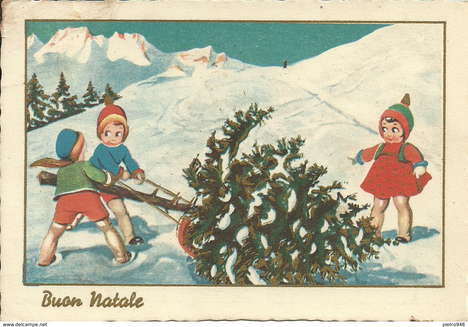 Cartolina "Buon Natale", Bambini Che Trascinano Un Pino Per Fare L'Albero Di Natale (S37) - Altri & Non Classificati