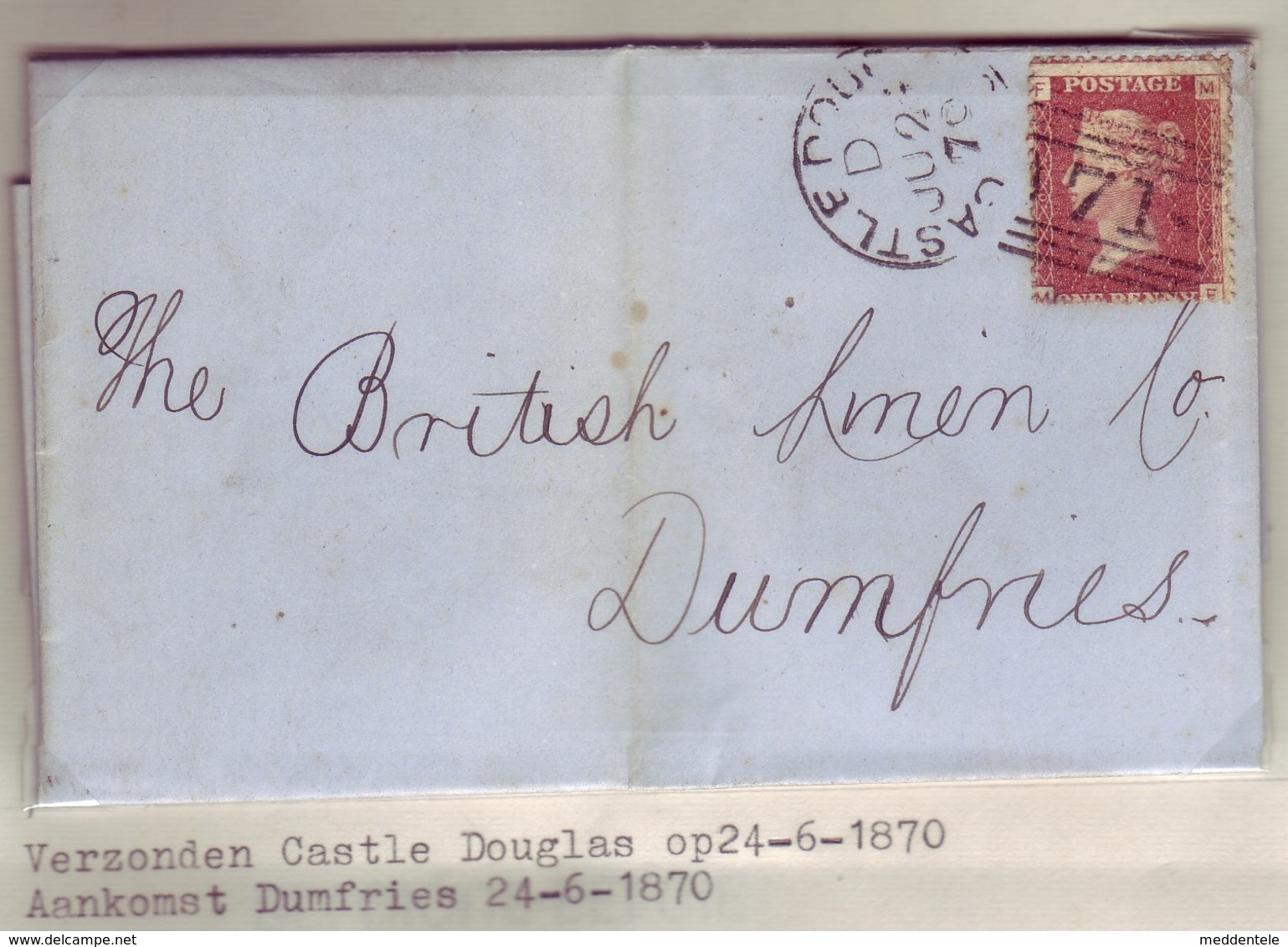 GB QV Scotland Cancel 71 CASTLE DOUGLAS  Plate 109 July 30 1870 To DUMFRIES Lettered FM/MF Very Fine/Clean - Lettres & Documents